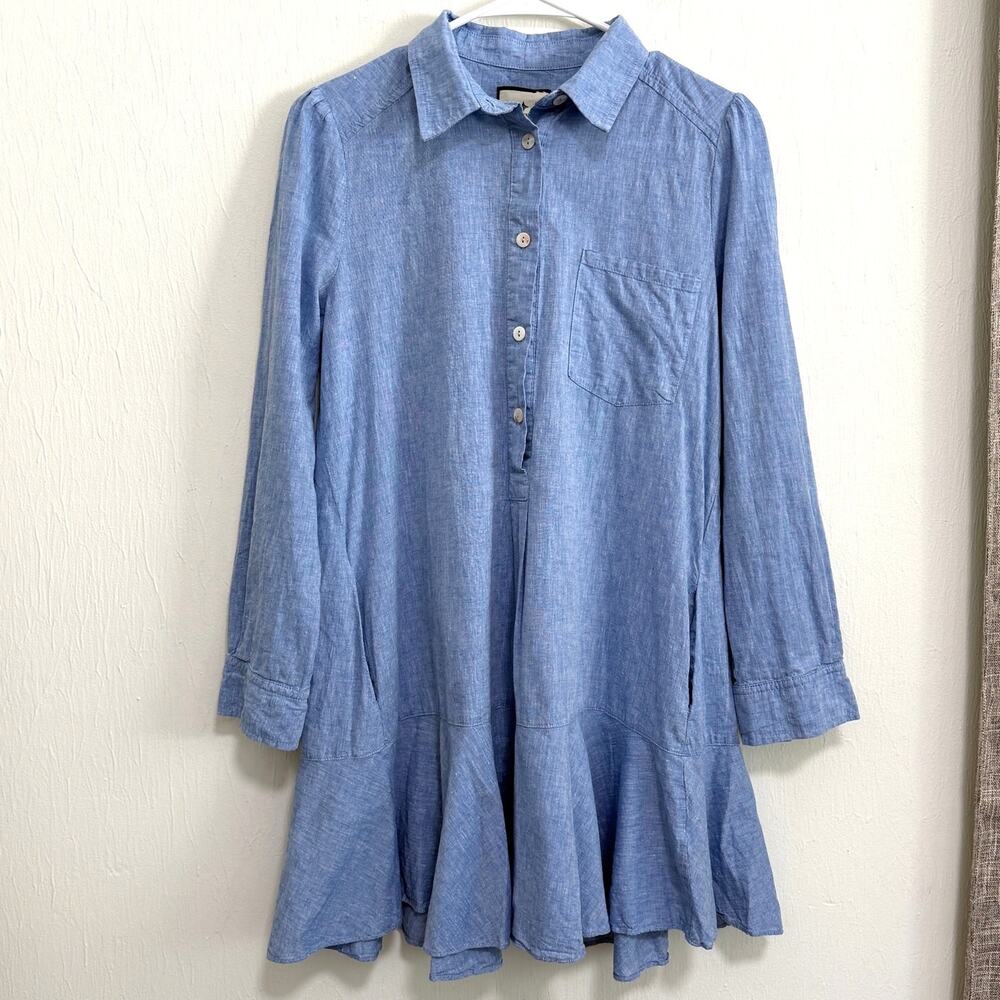 Tuckernuck Chambray Blue Callahan Shirt Dress Cotton XS Ruffle Hem Preppy Beach